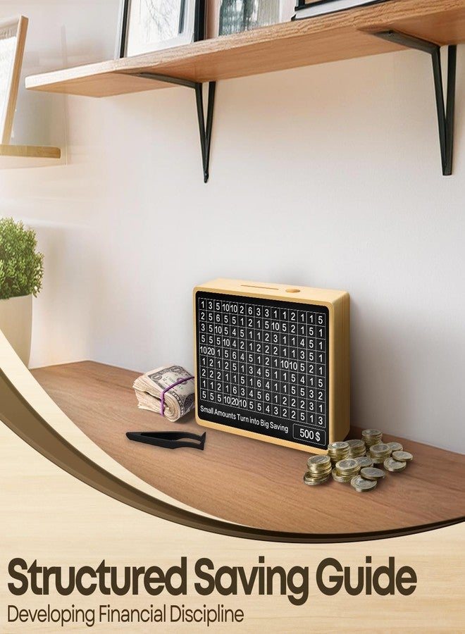 Flexzion Wooden Cash Saving Money Box - 10k Money Save Challenge Piggy Bank with 8 Saver Targets - Cash Vault Wooden Savings Box 10000 5000 3000 2000 1000 500 - Image 2